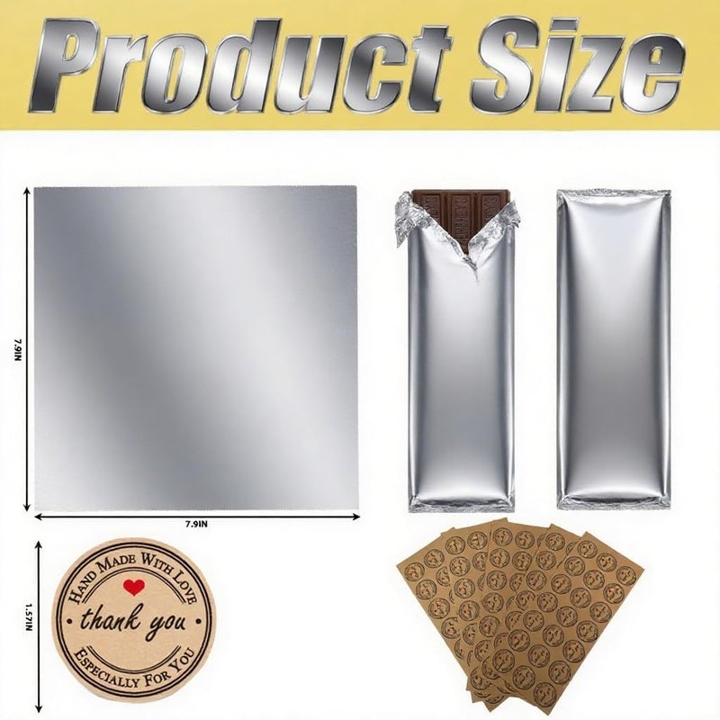 XPMBF Chocolate Bar Wrappers Silver Foil Sheets Candy Bar Wrappers, with Thick Paper Backing Foil Sheets for Food DIY Candies Wrapping Packing Gifts Coated waterproofs with 105Pcs Handmade Stickers - Image 3